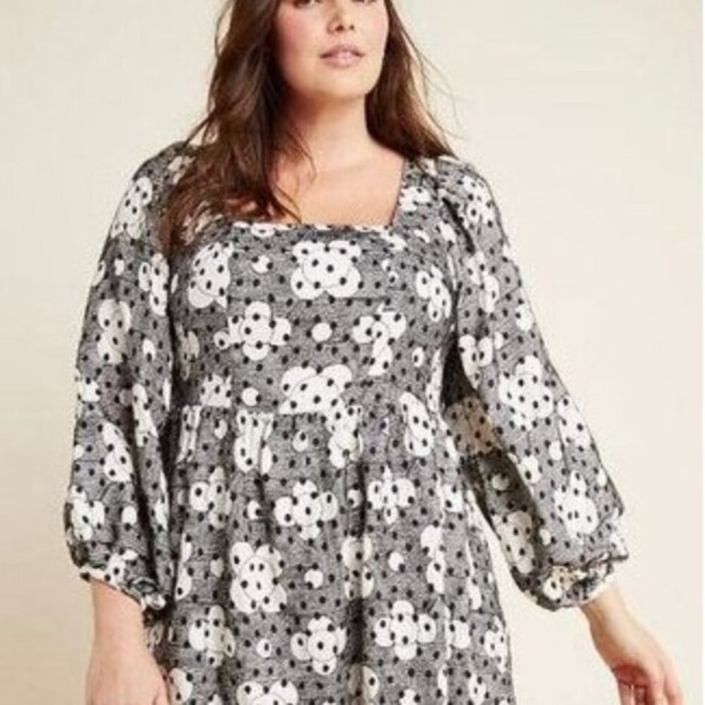 Anthropologie Maeve Jane Floral Textured Babydoll Dress Size 2 Boho Mini Casual